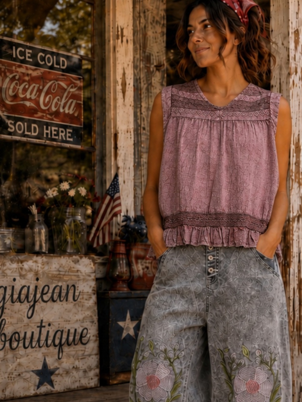 206-1360 POL Mauve Lace-Trim Sleeveless Peasant Top